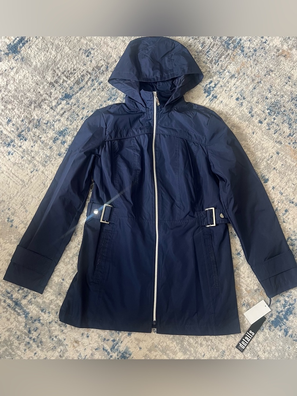 Women's Navy Hooded Trench Coat with Belt Accents